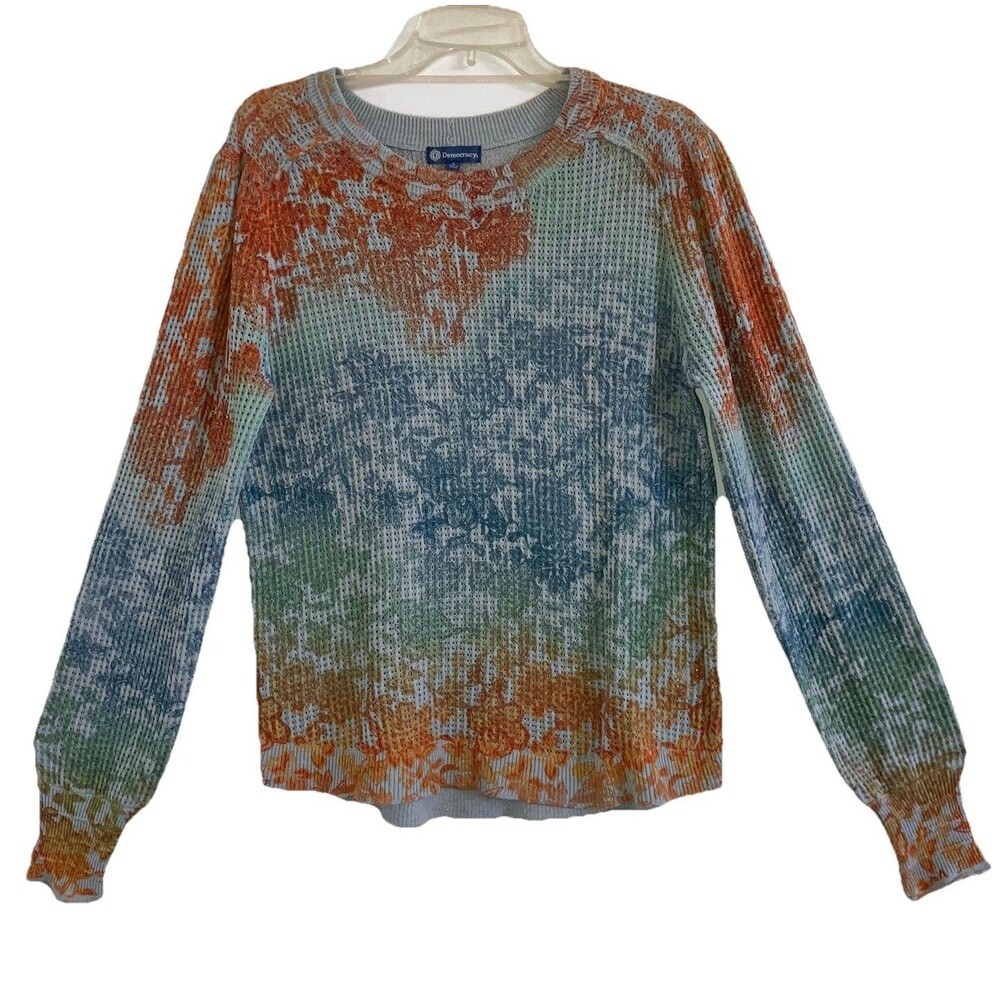 DEMOCRACY ANTHROPOLOGIE L Cotton Waffle Knit Long Sleeve Top Anthro Floral Comfy